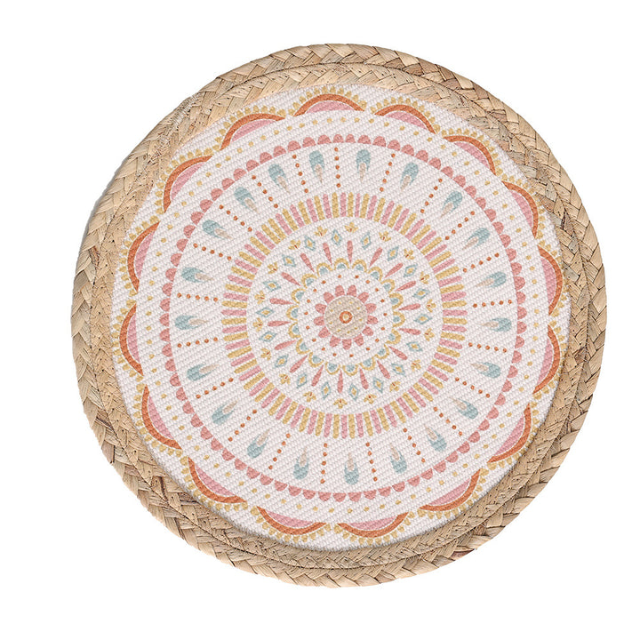 Beef seat pouf with mandala print, woven surface and braided jute edge