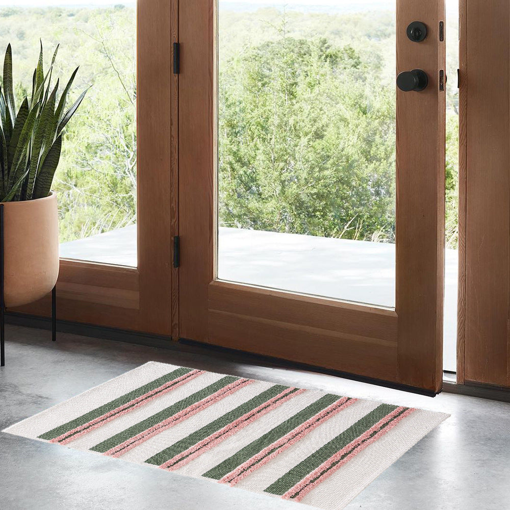 Rectangular flat-woven cotton rug with raised tufted stripes