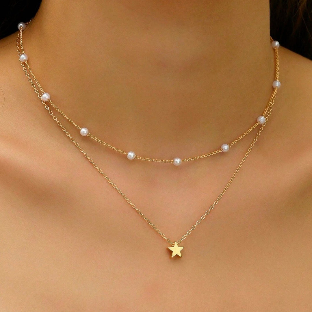 Layered Pearl and Star Pendant Necklace Kalsten