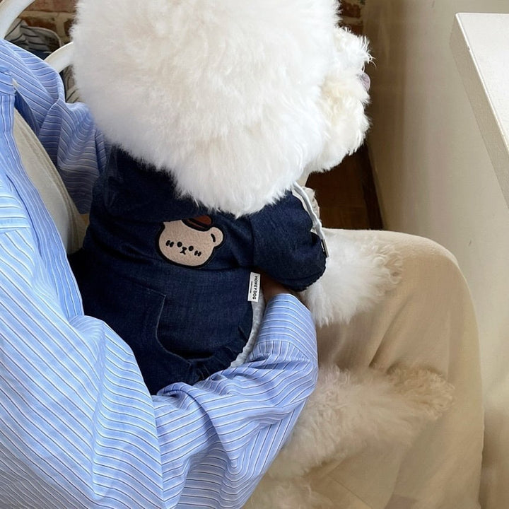 Denim-Look Hooded Pet Jacket with Bear Applique & Kangaroo Pocket