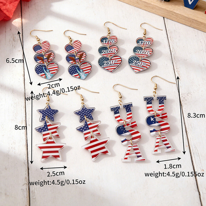 Women's acrylic statement earrings long pendant bow motif with patriotic print Kalsten