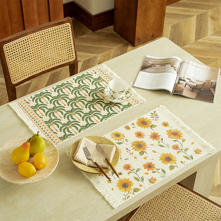 Woven living and beach rug with palm jacquard and decorative fringes Kalsten