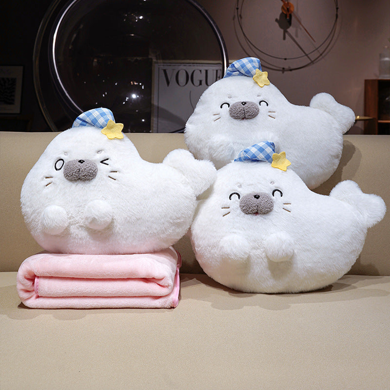 Soft Seal Plush Toy Cuddly Pillow with Portable Microfiber Blanket