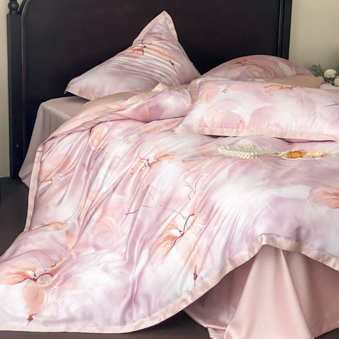 Luxurious satin bedding with floral watercolor print