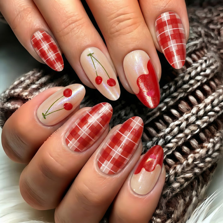 Artificial nails with romantic cherry and checkered pattern Kalsten