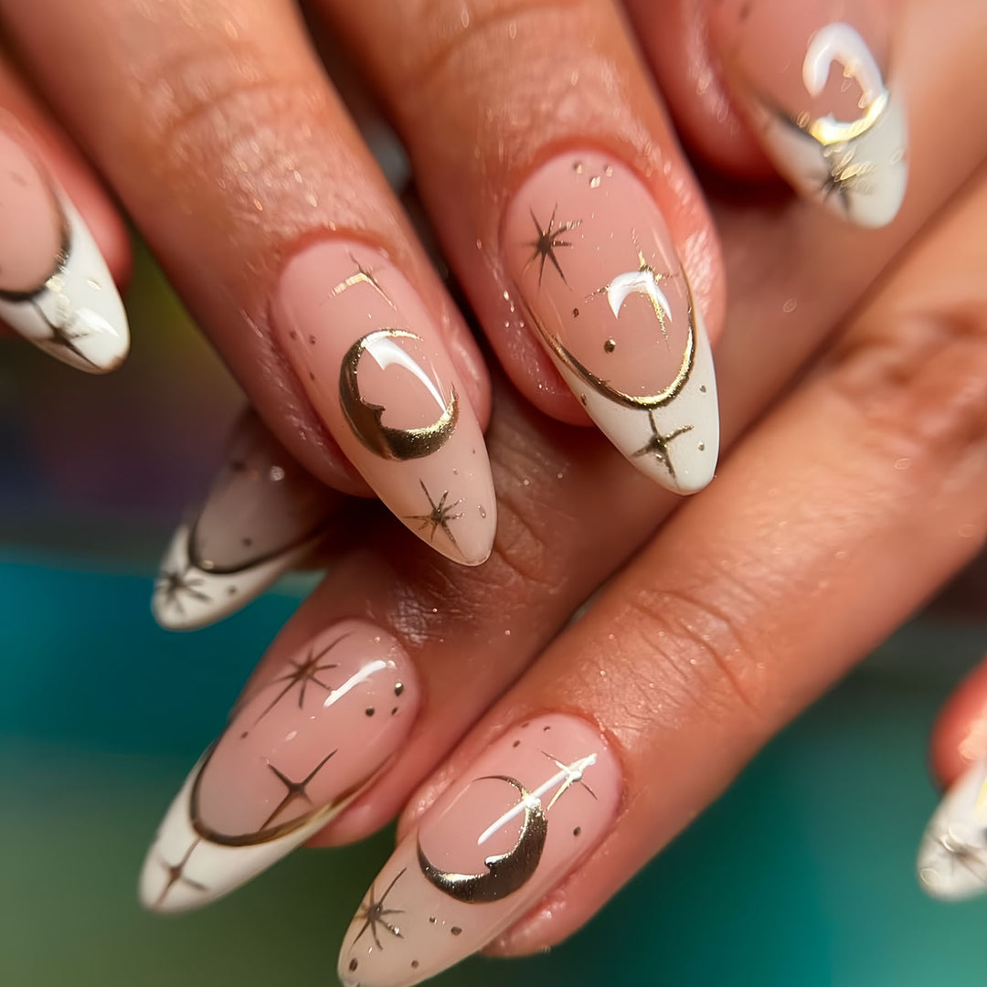 Artistic Stiletto Press-On Nail Extensions with Gold Accents Kalsten