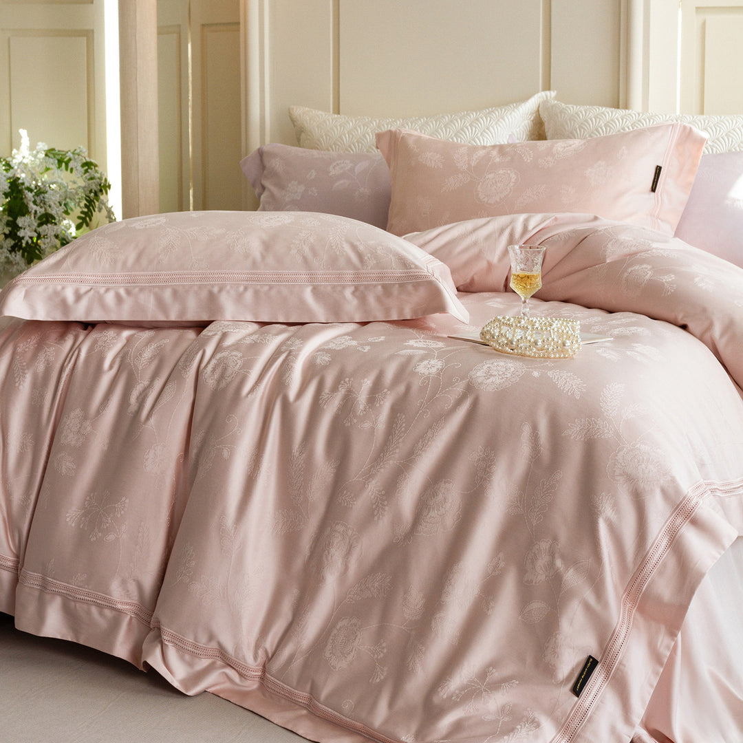 Premium cotton satin bedding set with structured matelassé border and hotel closure