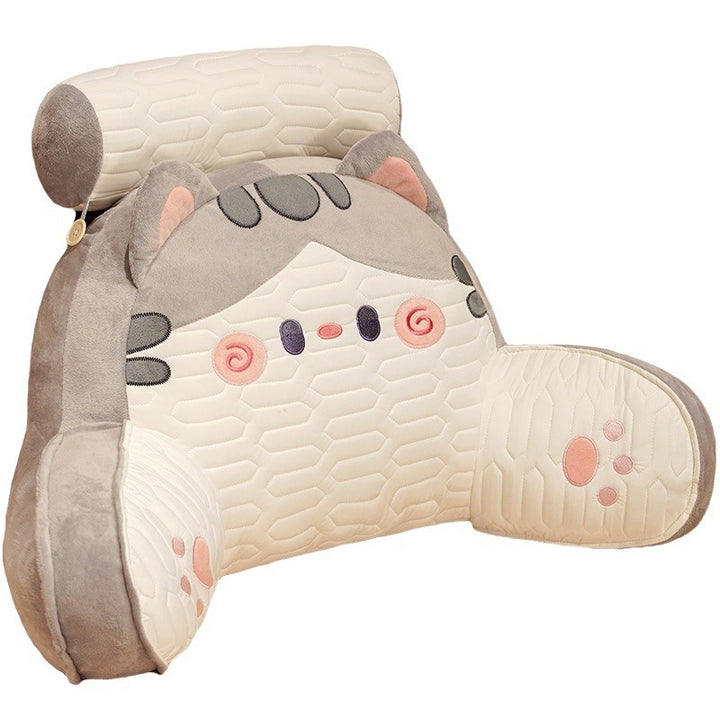 Ergonomic padded back support cushion with armrests and removable neck roll in cat design