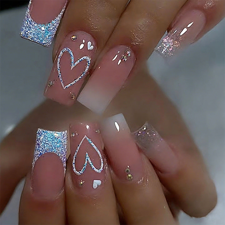 Artificial nail set with sparkling heart and glitter motifs Kalsten