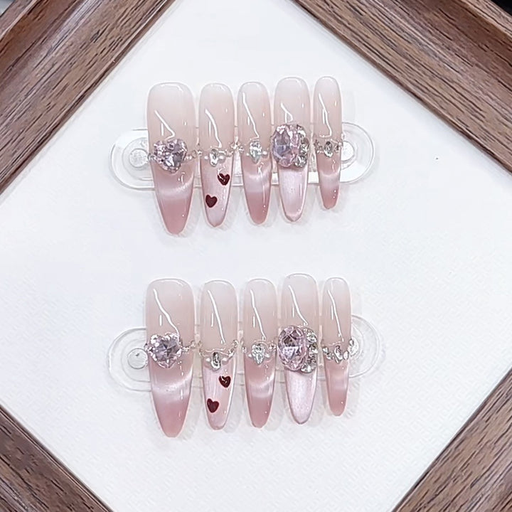 Decorative Press-On Nail Art Set with Heart and Gem Accents Kalsten