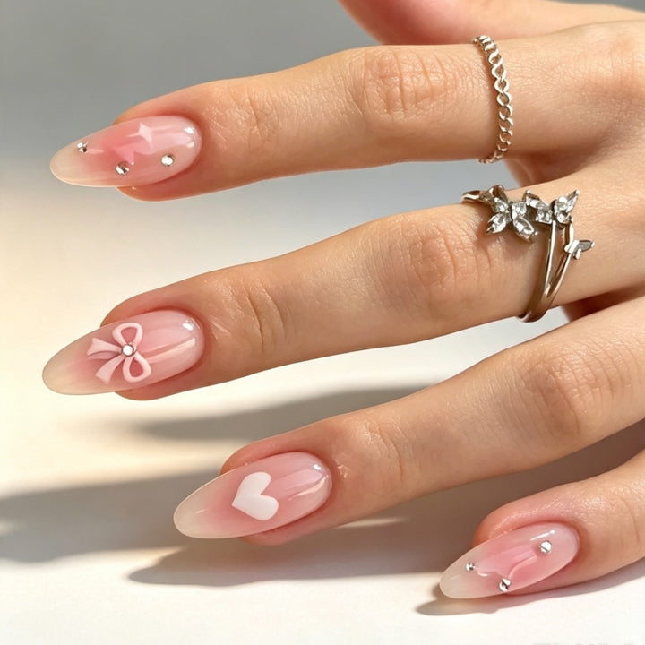Decorative Press-On Nail Art Set with Heart and Bow Designs Kalsten