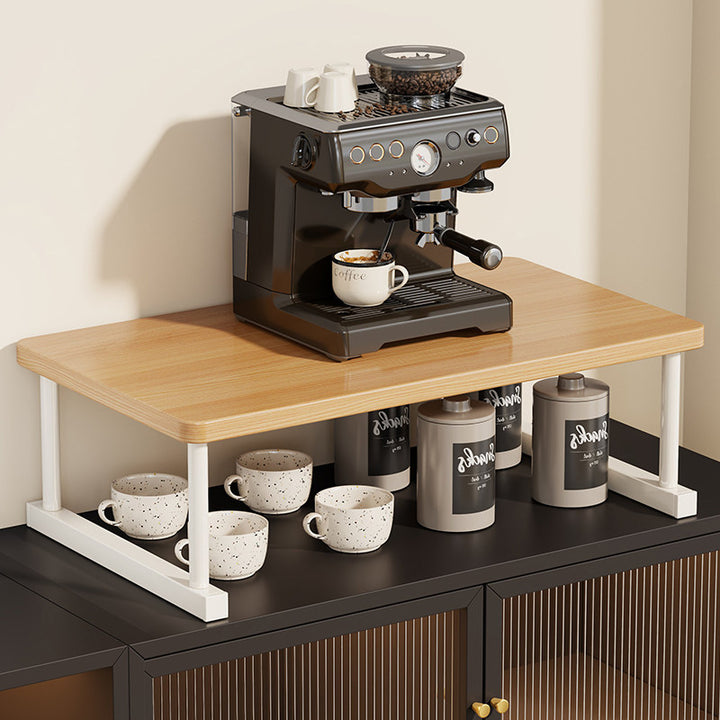 Two-Tier Countertop Coffee Station Shelf Riser with Walnut Top and Metal Frame