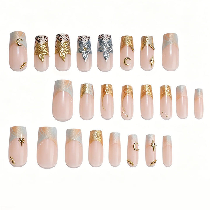Luxurious artificial nail set with creative floral design and golden accents Kalsten