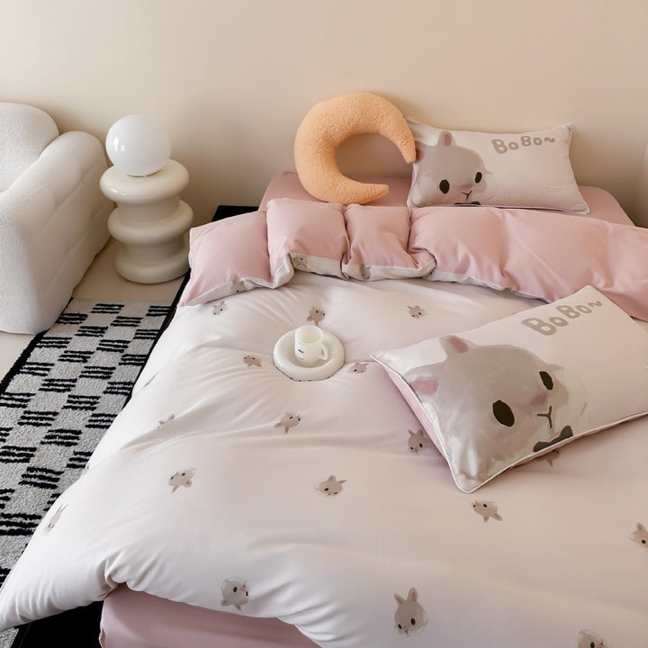 Children's bedding set with delicate bunny watercolor designs and extra-soft jersey touch