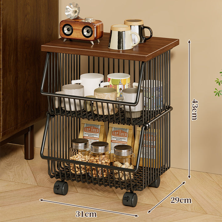 Mobile Four-Tier Kitchen Pantry Organizer Cart with Wood Top and Rolling Wire Baskets