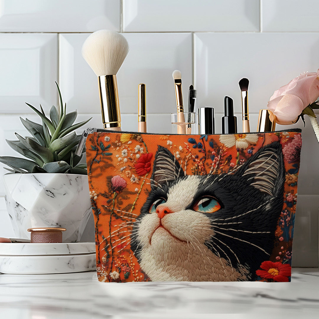 Embroidered Owl Textured Makeup Pouch With Zipper And Water-Resistant Lining