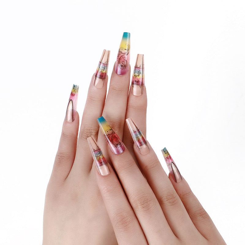 Fake nails with creative gradient colors and floral patterns Kalsten