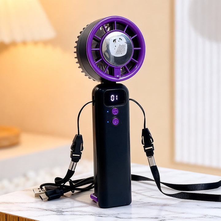 Cooling compact rechargeable handheld mini fan with digital speed indicator detachable lanyard foldable head Kalsten
