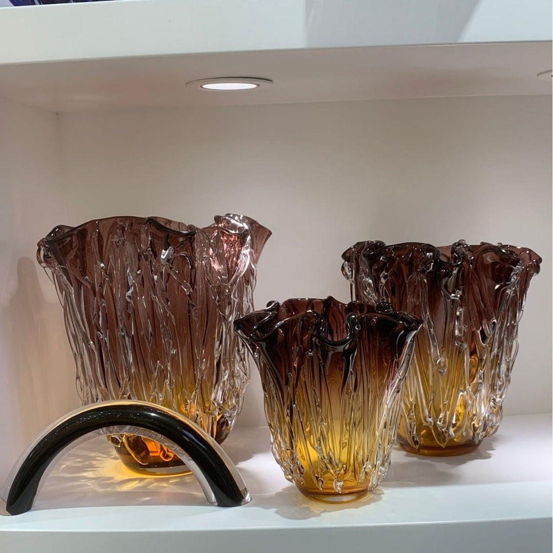 Handblown Textured Ruffled-Rim Gradient Glass Vase Set Kalsten