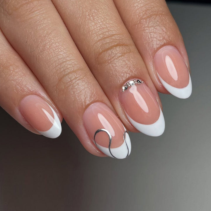 Elegant French Tip Press-On Nail Set with Decorative Accents Kalsten