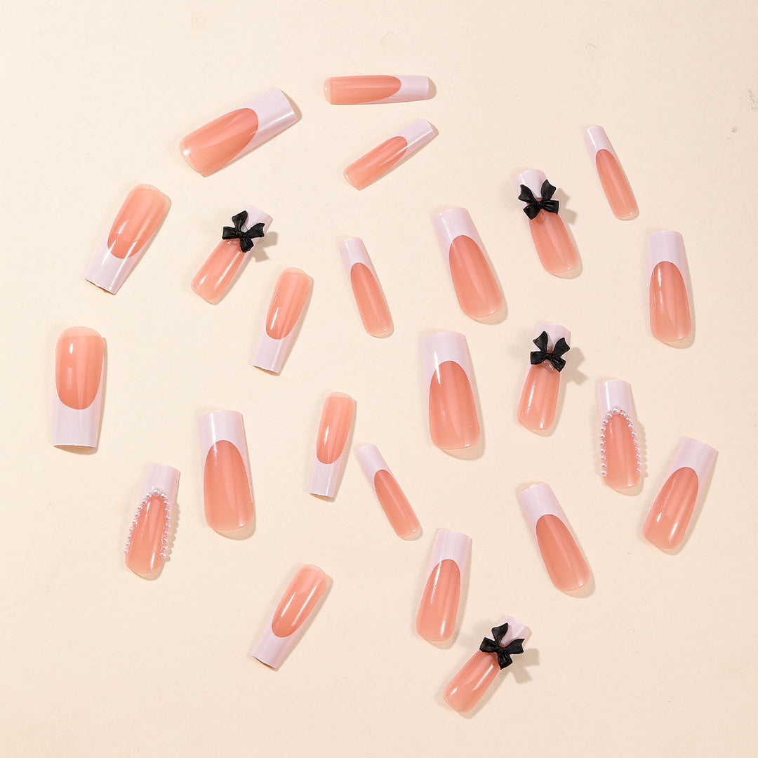 Elegant Press-On Nail Art Set with Pearl and Bow Accents Kalsten