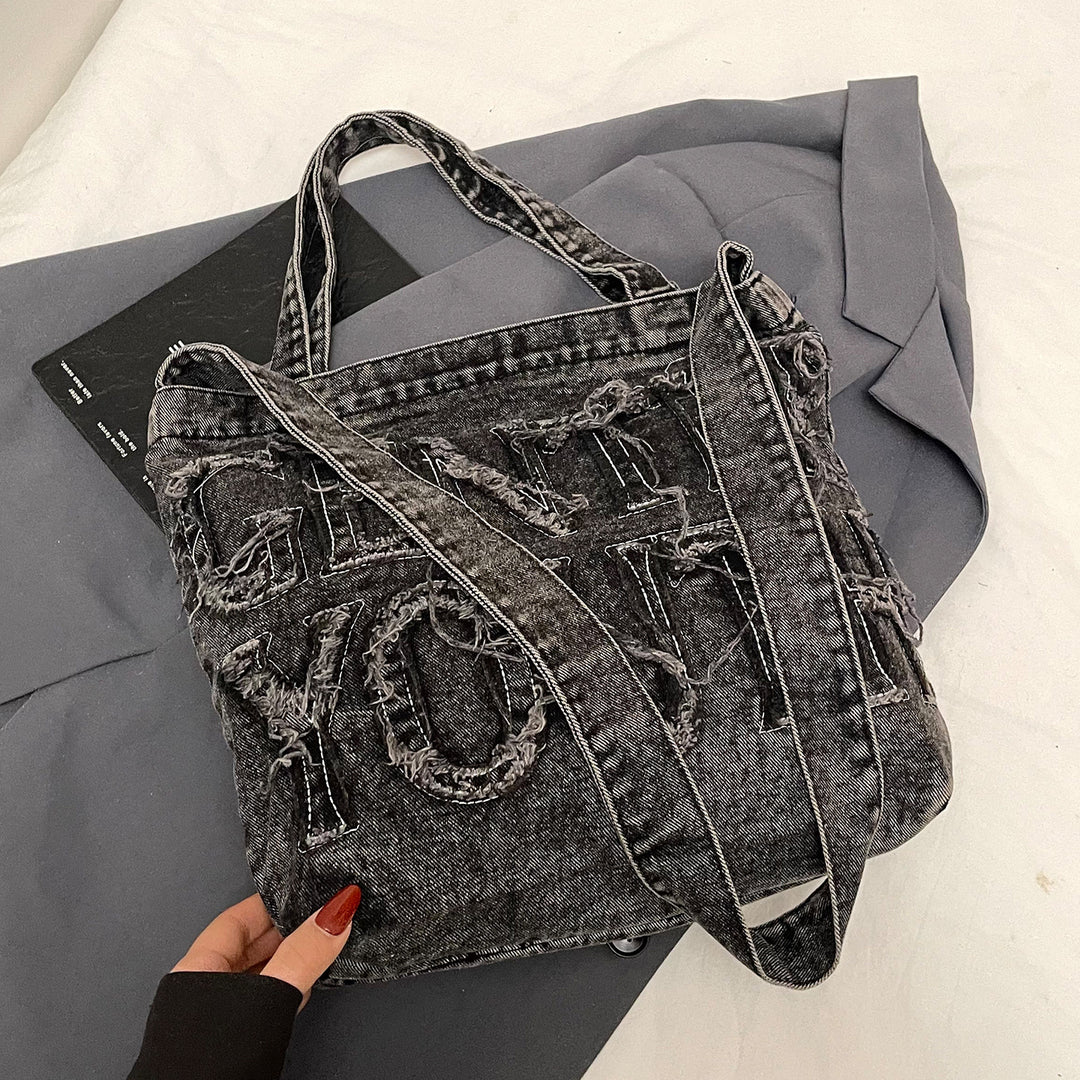 Distressed Denim Graphic Tote Bag