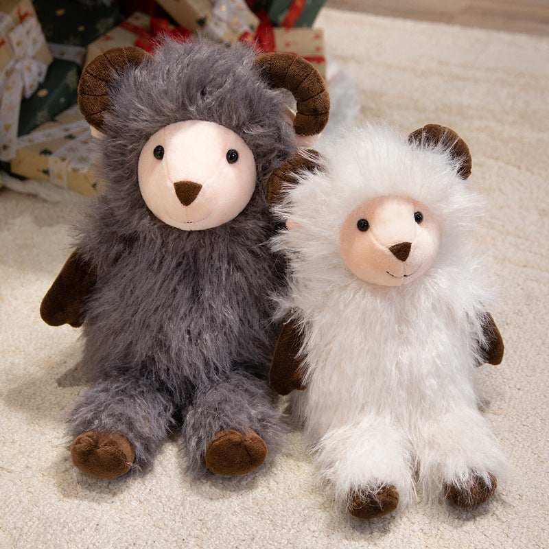 Plush Fluffy Ram-Inspired Teddy with Long Faux-Fur Coat and Embroidered Face Kalsten