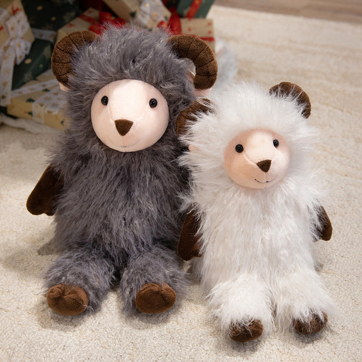 Plush Fluffy Ram-Inspired Teddy with Long Faux-Fur Coat and Embroidered Face Kalsten