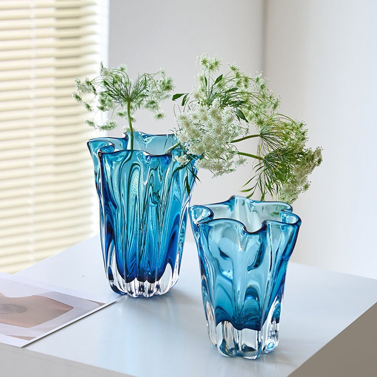 Handblown Ribbed Petal-Rim Decorative Glass Centerpiece Vase Kalsten