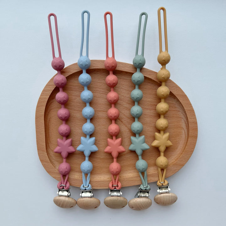 Silicone Star-Bead Pacifier and Teether Clip with Wooden Safety Clamp