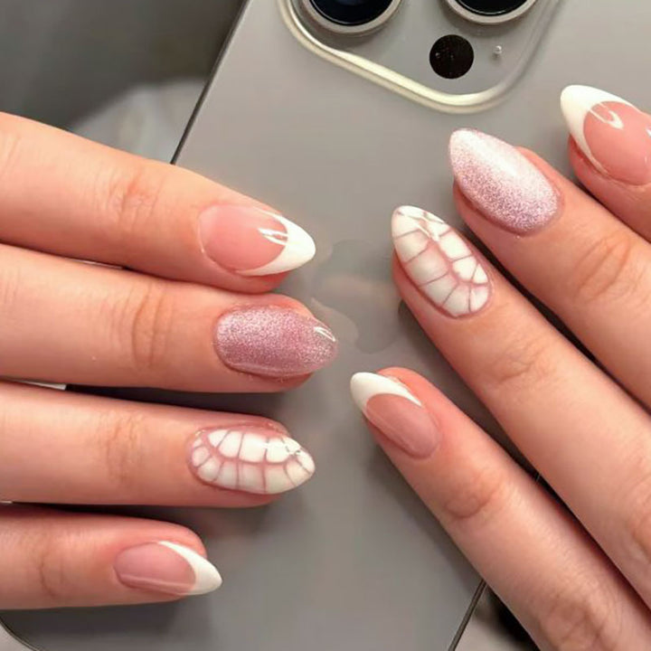 Artistic Press-On Nail Set with Elegant French Tips and Glitter Accents