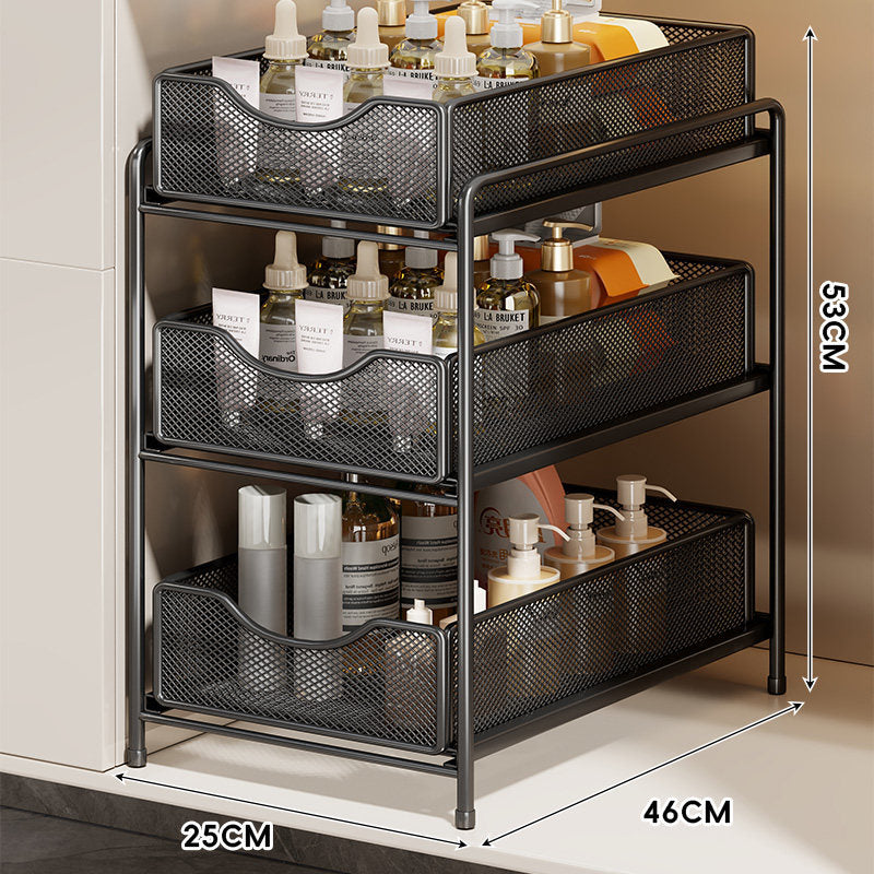 Three-Tier Sliding Mesh Drawer Cabinet Organizer for Kitchen and Bathroom