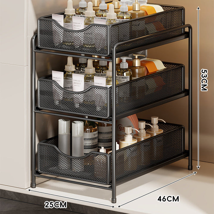 Three-Tier Sliding Mesh Drawer Cabinet Organizer for Kitchen and Bathroom