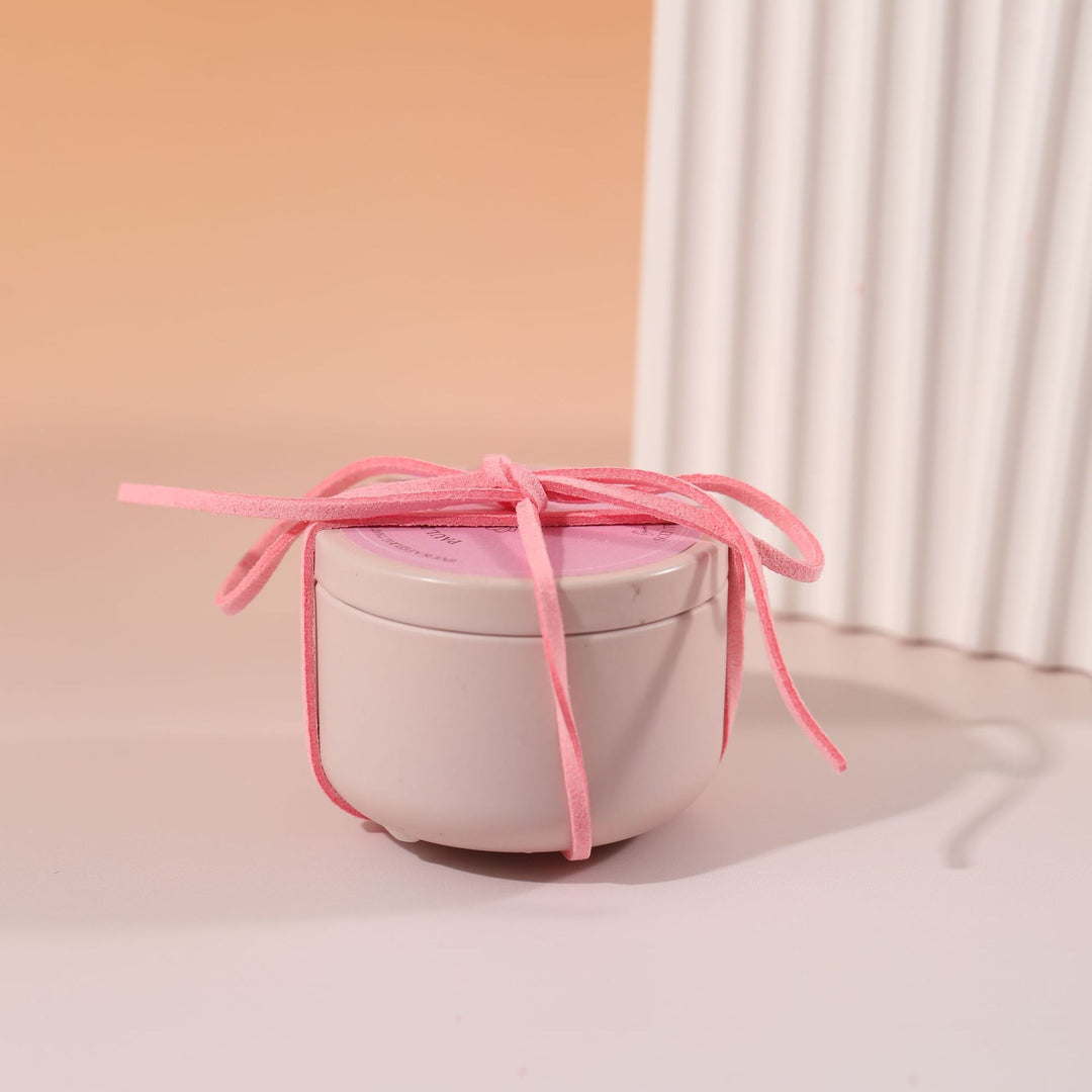Scented Soy Candle Tin with Removable Lid and Decorative Suede Tie