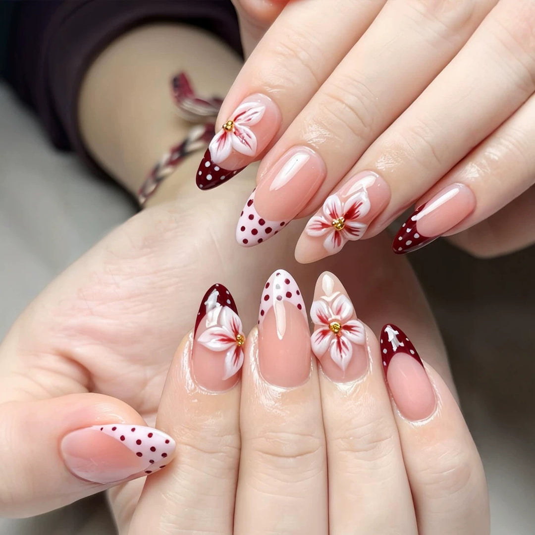 Artistic Floral Stiletto Press-On Nails with Decorative Accents Kalsten