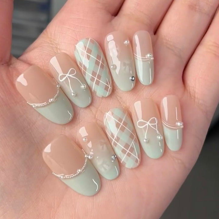 Artistic Press-On Nail Set with Floral and Gemstone Accents Kalsten