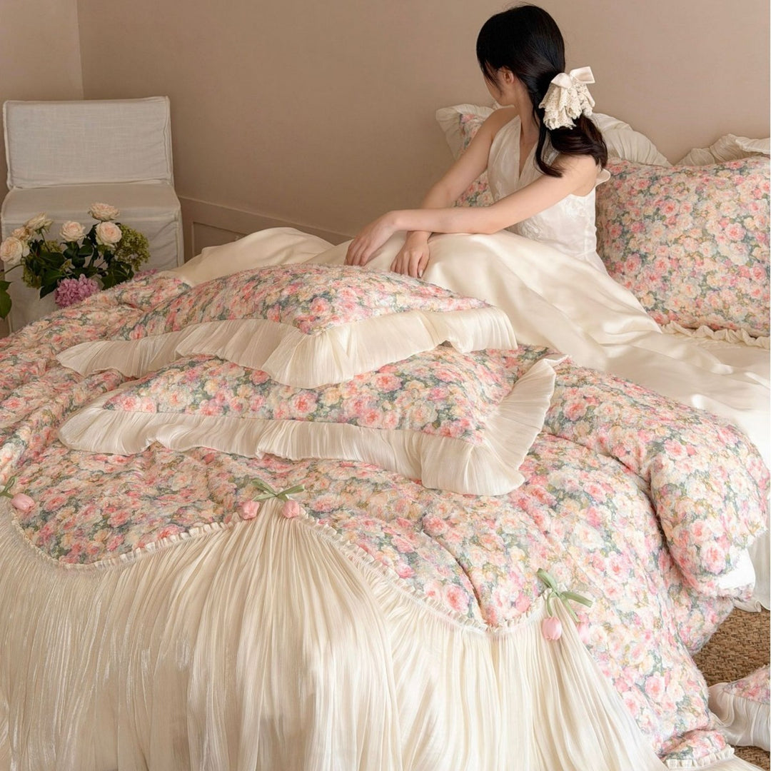 Romantic bedding set with pleated ruffle and floral chenille surface