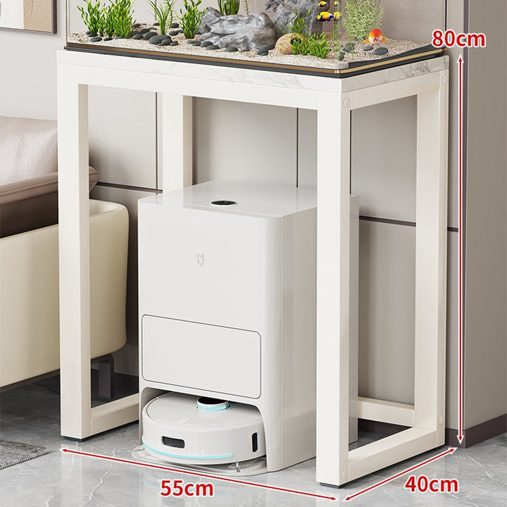 Gold Metal Aquarium Console Table with Faux Marble Top and Robot Vacuum Storage