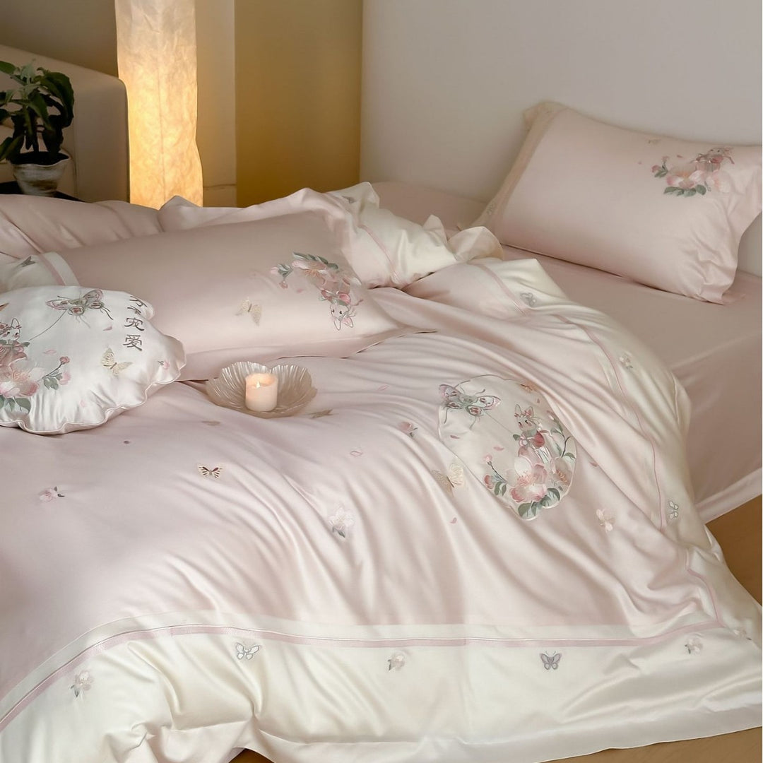 Satin bedding set with delicate butterfly and flower embroidery