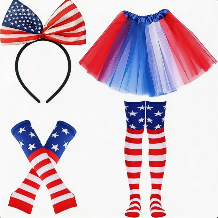 Women's Independence Day tulle tutu skirt with oversized bow headband over-the-knee star-striped stockings and matching arm sleeves Kalsten