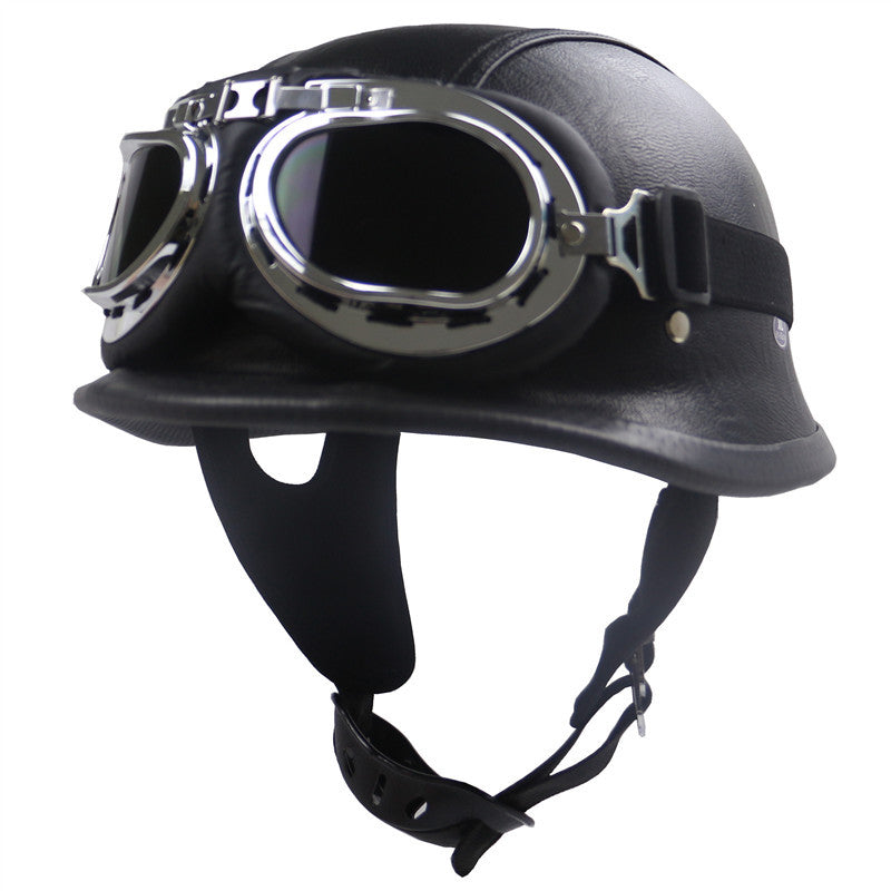 Vintage Leather Motorcycle Helmet with Chrome Goggles Kalsten