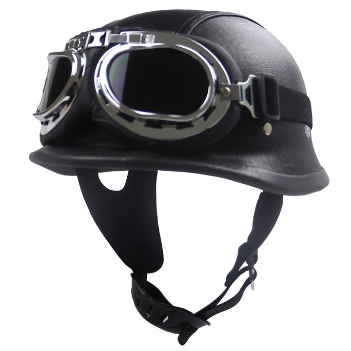 Vintage Leather Motorcycle Helmet with Chrome Goggles Kalsten
