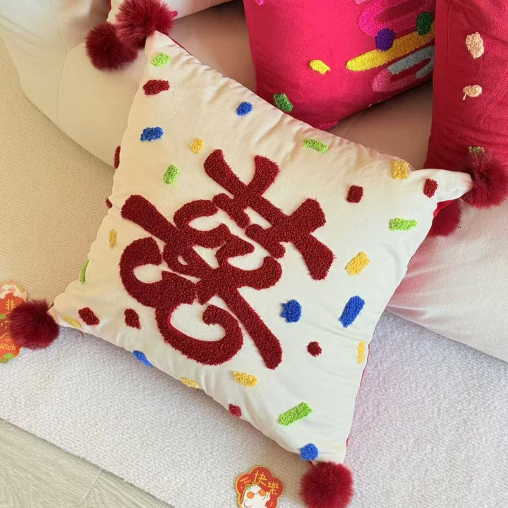 Colorful Chenille Tufted Square Throw Pillow with Plush Pom-Pom Corners and Removable Insert