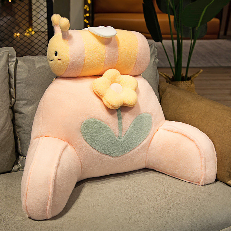 Padded reading back support cushion with armrests and removable neck roll in bee-flower plush design