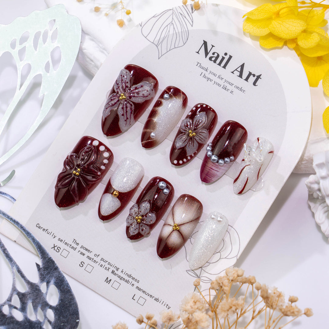 Decorative Press-On Nail Set with Floral and Gemstone Accents