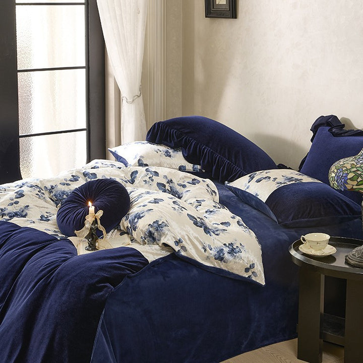 Premium velvet bedding set with floral satin contrast and decorative ruffled border