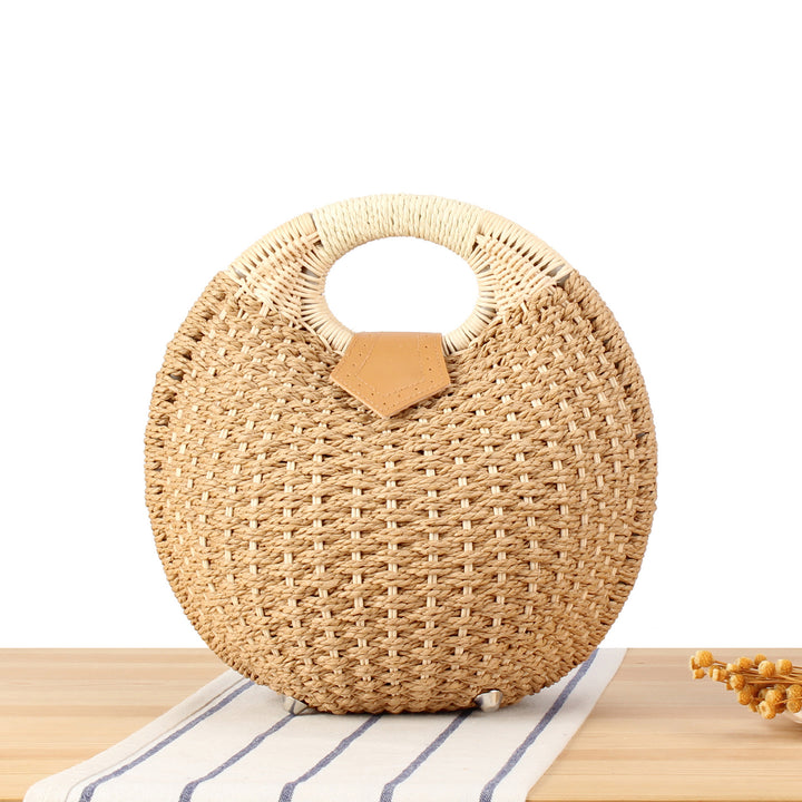 Round straw bag with elegant leather handle Kalsten