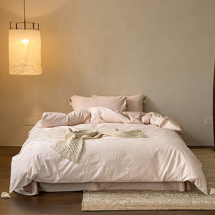 Finely textured cotton satin bedding set with tone-on-tone relief