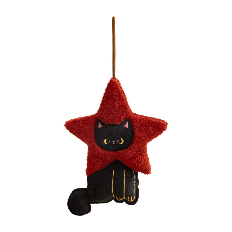 Plush pendant star shape with cat motif, cuddly teddy texture and hanging ribbon