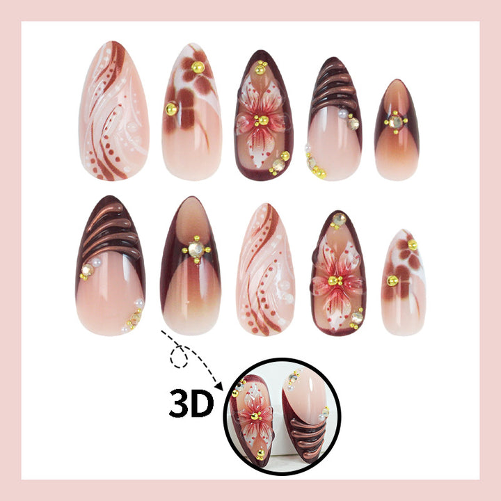 Acrylic nail set with 3D flower decorations and elegant patterns Kalsten